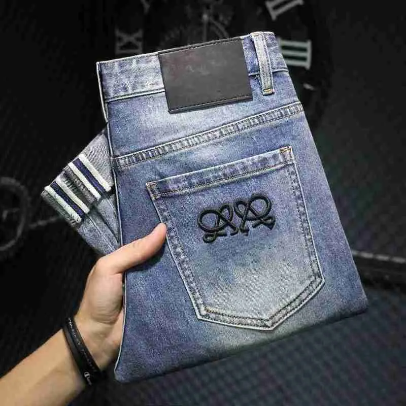 Jeans pour hommes Designer luxe élastique industrie lourde bleu clair lettre élastique marque pantalon tendance pantalon YFD6