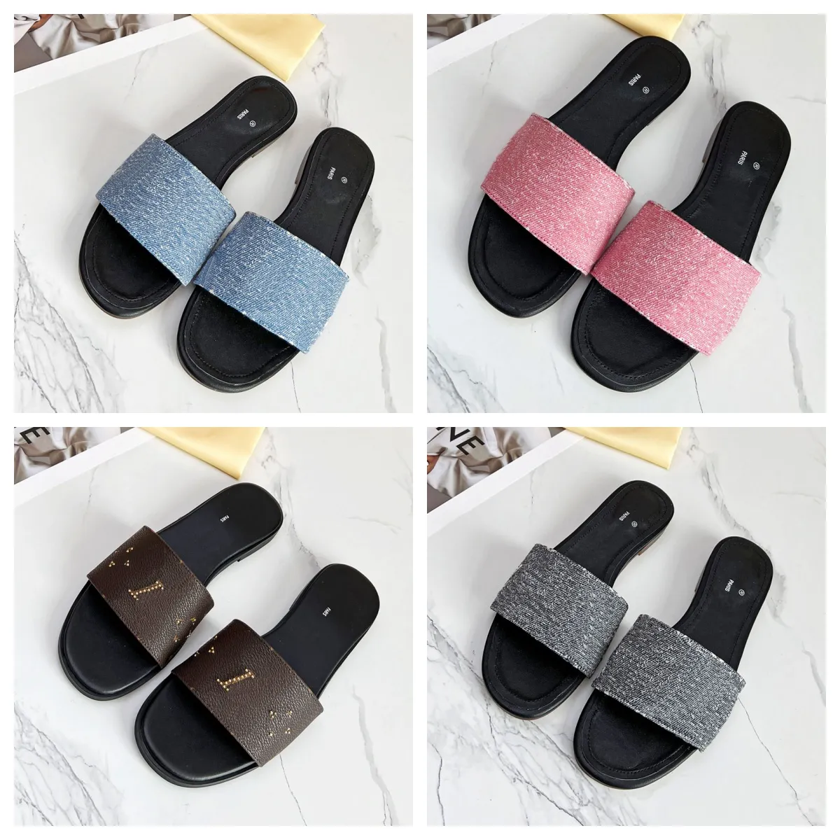 Denim Pantoletten Flache Komfort Mule Designer Flache Sandalen Luxus Hausschuhe Damen Kristall Print Sandale Mode Flip Letter Slipper Für Frauen Sommer Strand Slide Low Heel