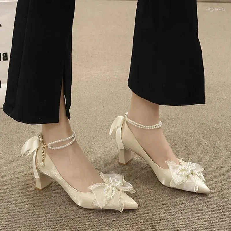Dress Shoes Bow String Bead High Heels Women Mesh Lace Elegant 2024 Summer Pointed Toe Sandals Chunky Zapatos Female Pumps
