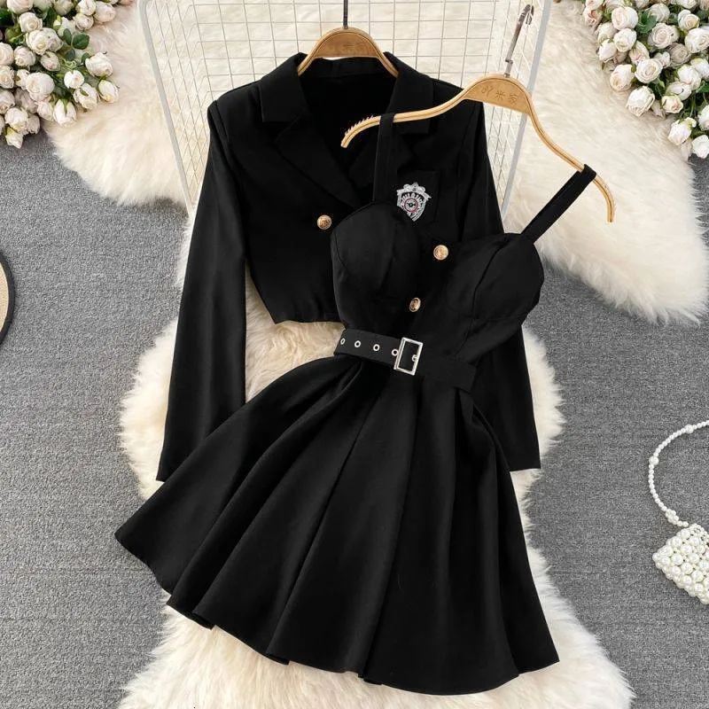 Women's 2024 Korean Fashion Coat Waist Wrap Dress Two Piece Set - Brown, Polyester, Long Sleeve, High Waist, Floor-Length, Trendy Women's 2024 Korean Fashion Coat Waist Wrap Dress Two Piece Set - Brown, Polyester, Long Sleeve, High Waist, Floor-Length, Trendy