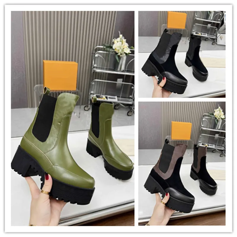 Nouvelles dames bottines côté goa bottes courtes vert lauréat plate-forme désert bottes de combat en daim mi-mollet chaussures bottes femmes taille noir avec boîte