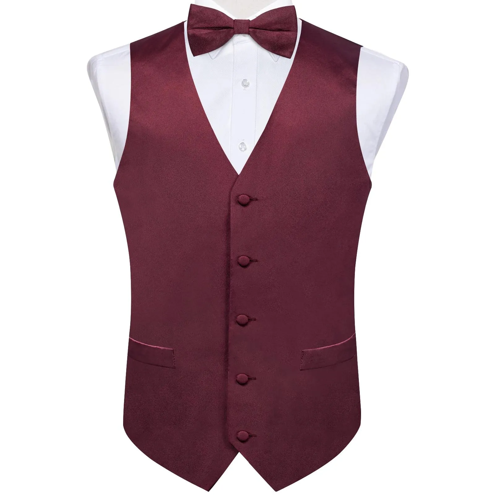 Jackor Bury Red Solid Silk Men Passar Vest Pretied Bow Tie Set Wedding Party Formal Tuxedo Male Blazer Waistcoat Business Party Vest