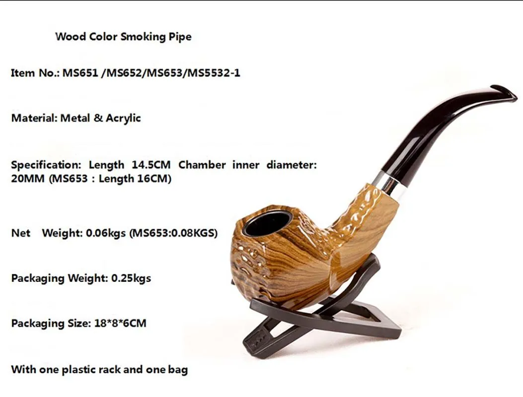 Wooden Color Smoking Pipe Metal and Acrylic for Tabacoo Dry Herbal Choiced Gift with Plastic Rack and Box