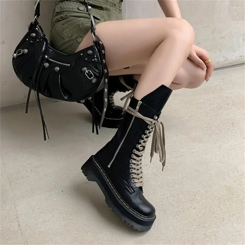 부츠 크로스 묶인 신발 솔리드 플랫폼 미드 칼 지퍼 여성 Botas de Invierno Para Mujer Dames Laarzen Sapatos Feminino Feminino