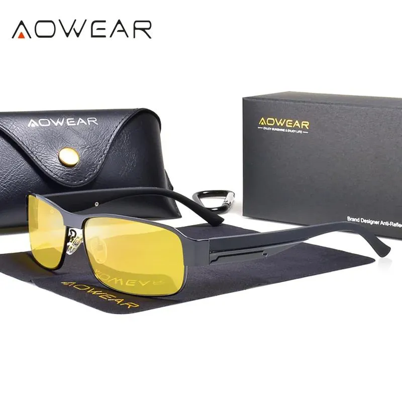 Óculos de sol aowear hd polarizado visão noturna motorista óculos masculino retro amarelo segurança noite condução óculos de sol para mau tempo gafas