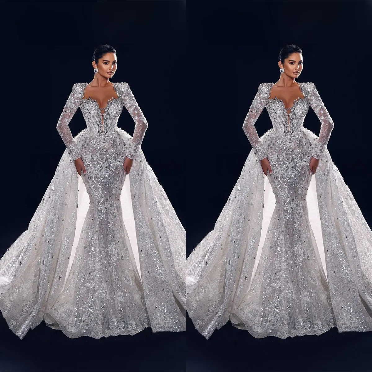 Luxur Crystal Mermaid Wedding Dresses Diamond Bridal Gowns Löstagbart tåg Illusion Långärmad pärlor Tåg Train Robe