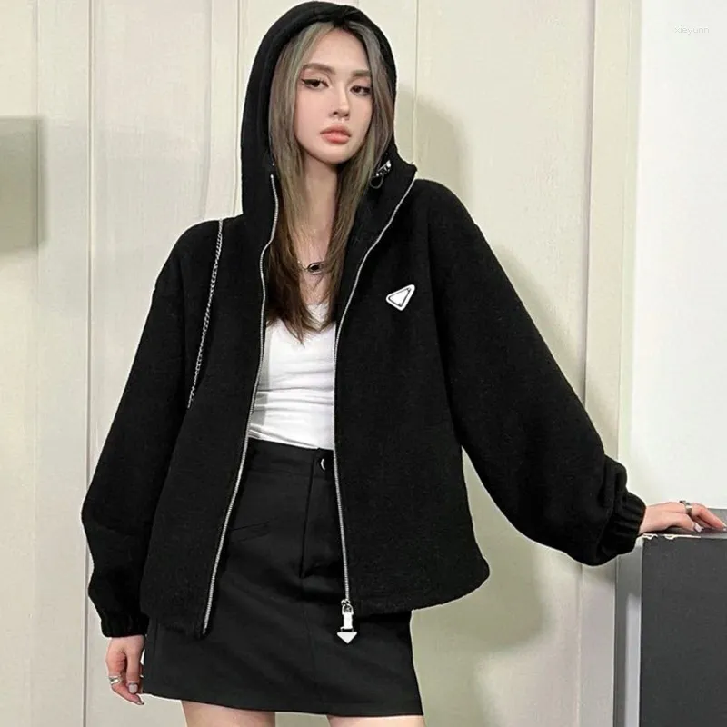Women's Trench Coats Woman Clothing P23 Autumn And Winter Classic Triangle Loose Back Embroidered Letter Decoration Hooded Pellet Bomber