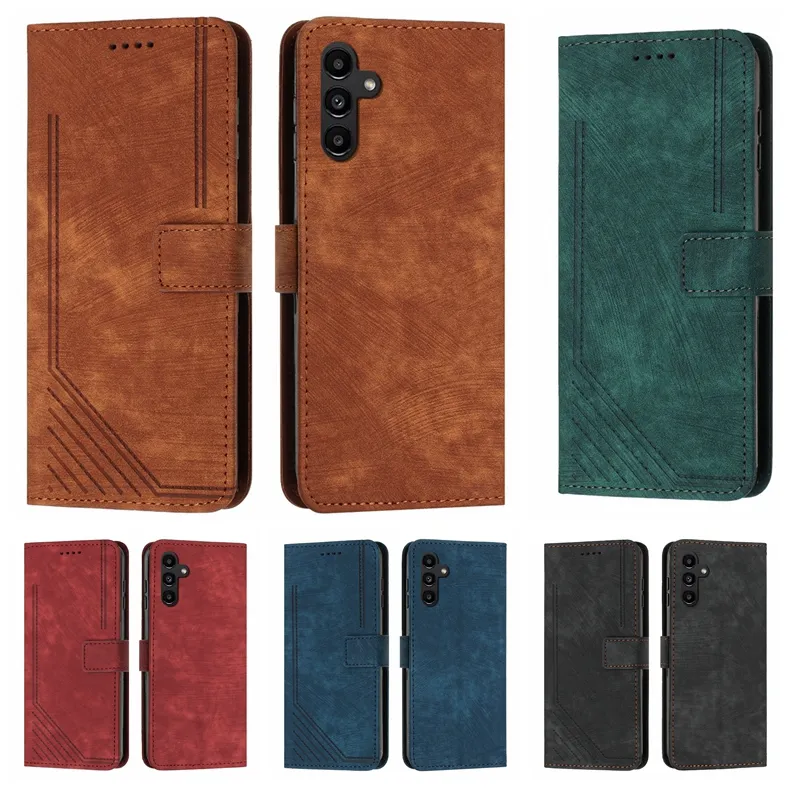 Plånbokfodral för Redmi K70 K70E Note 13 Pro Moto G34 G04 G Play 2024 Power 2024 Samsung A35 A55 Business Vertical Leather Lines ID Card Holder Flip Cover Pourap Strap