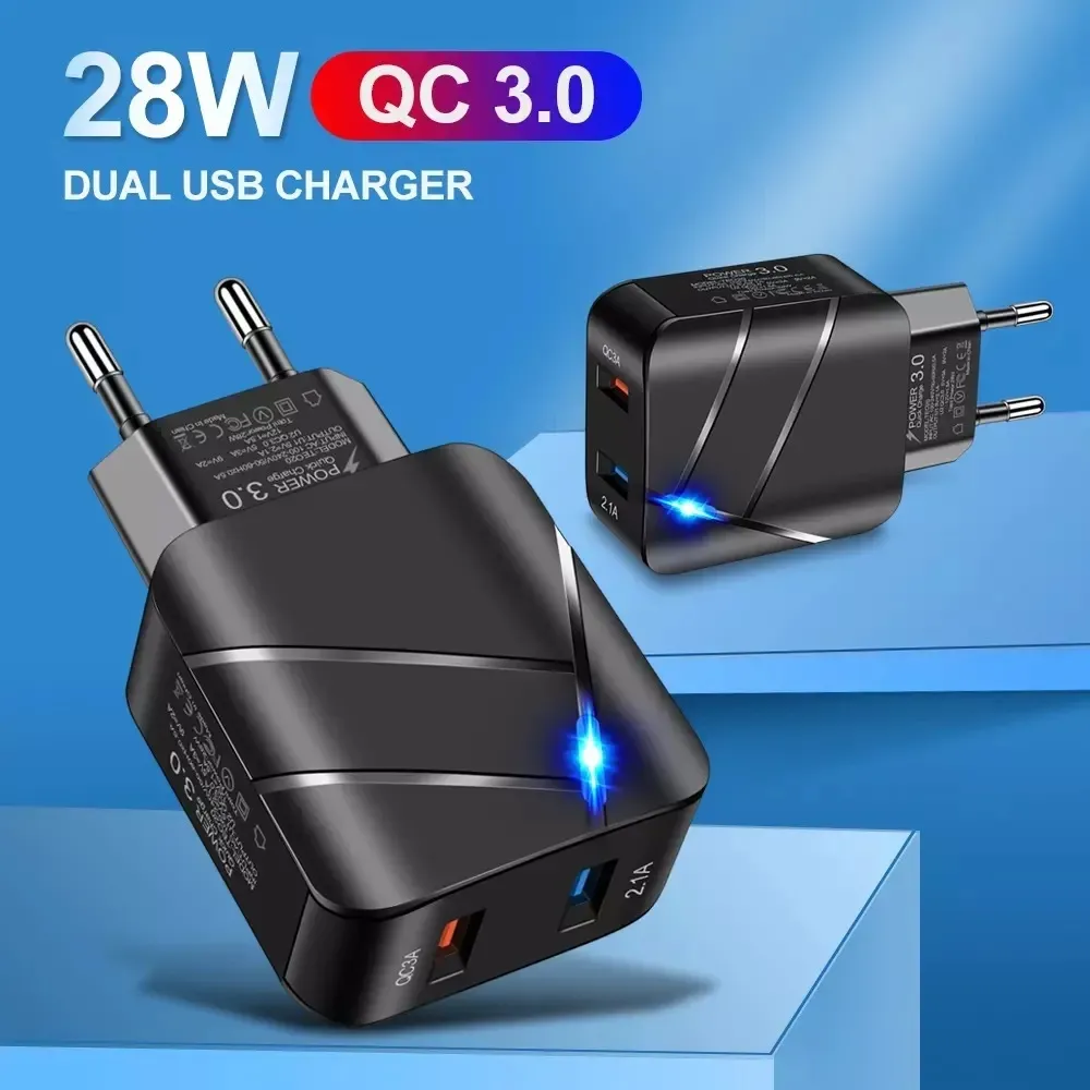 28W Dual USB QC3.0 Quick Charger Fast Charging Wall Charger Eu US Plug For Iphone 15 Pro Max Samsung S24 Xiaomi huawei Lg