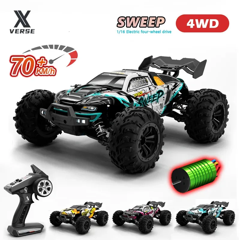 1 16 RC Car with LED 24G Brushless 4WD 70KMH High Speed Remote Control Off Road 4x4 Monster Truck Toys for Boys 16101PRO 240106