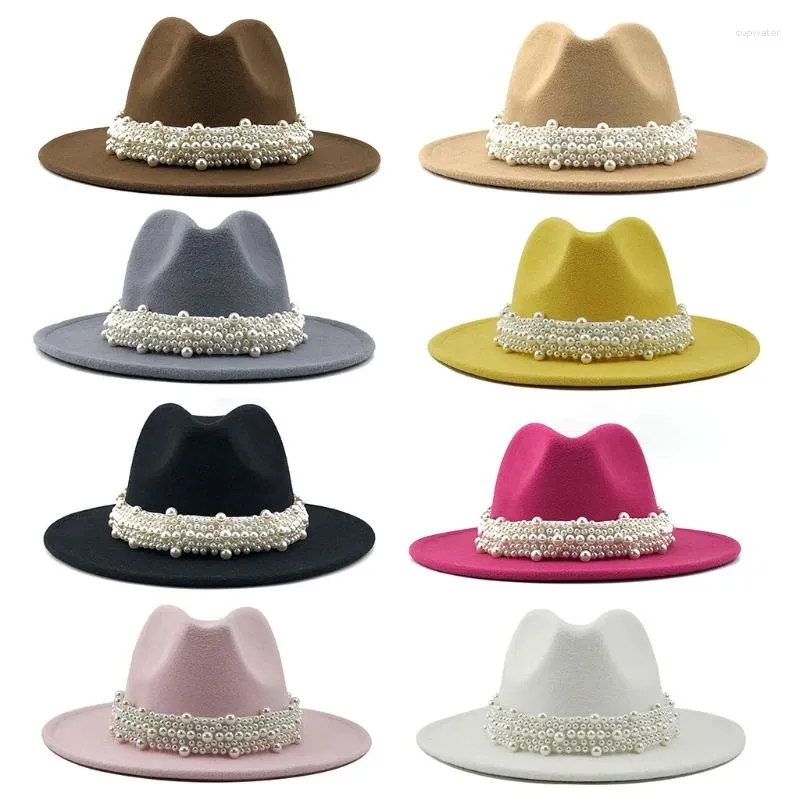 Boinas Elegante sombrero Fedora Top con banda de perlas Gorra de ala ancha para mujeres Mujer