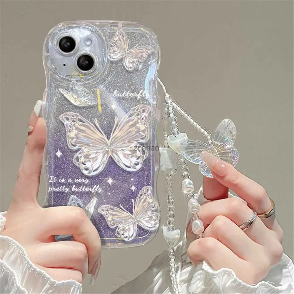 Cas de téléphone portable Luxe Papillon Glitter Clear Soft Case pour iPhone 15 14 13 12 11 Pro Max XR XS X 7 8 Plus Hang Chain Lanyard Silicone CoverL240105