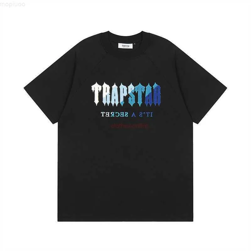 Designermode Kleidung Tsihrts Hemden Trendige Marke Trapstar Blau Weiß Farbverlauf Stickerei T-Shirt Herren Kurzarm Baumwolle Lose Lässig