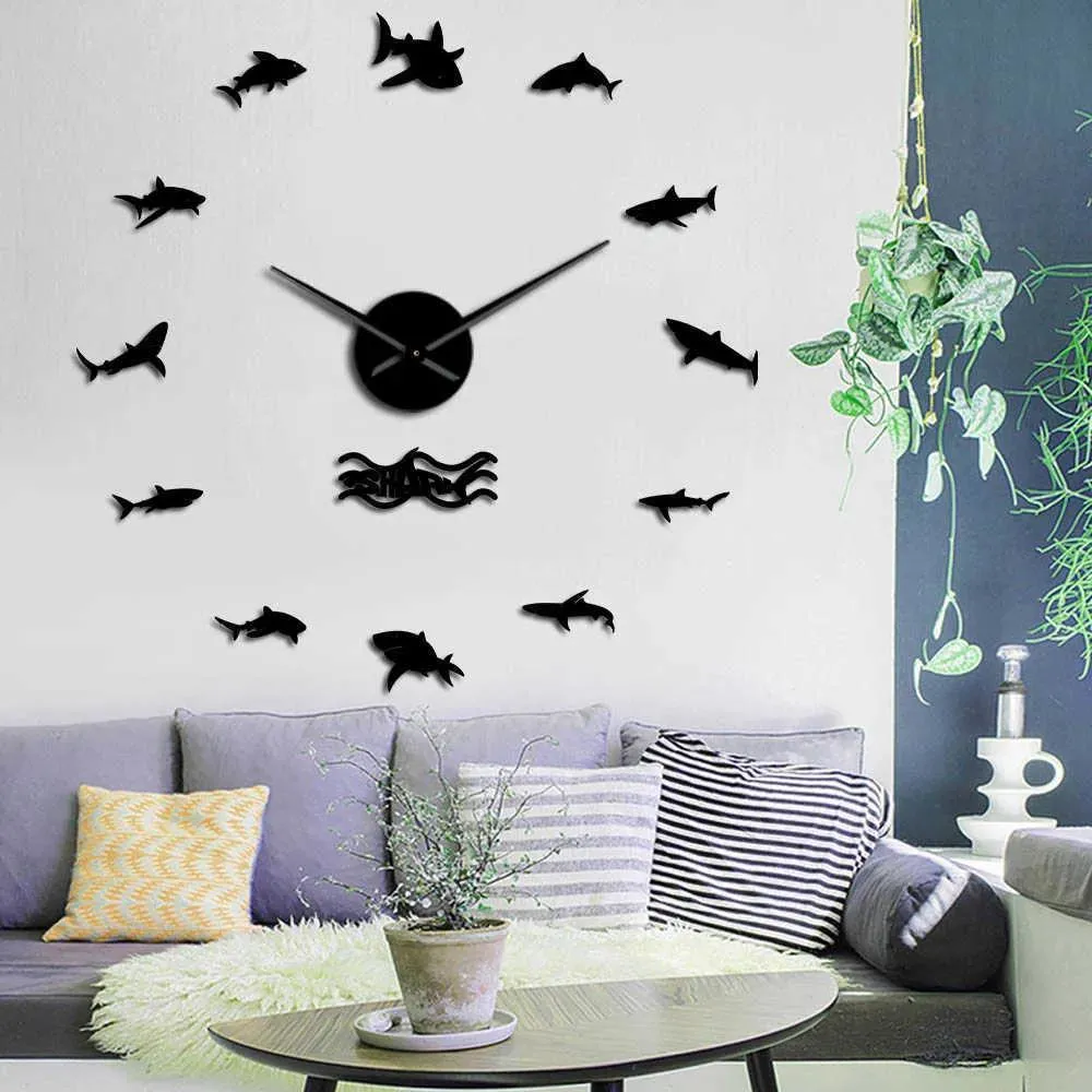 Relojes Ocean Shark Design Tamaño moderno Ajustable DIY Reloj de pared Mar Animales marinos Cuarzo Acrílico Efecto Espejo Etiqueta Reloj Reloj X0726