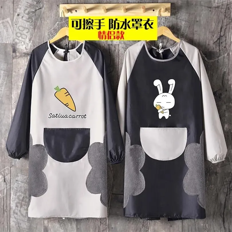 Aprons Thickened apron women's fashion long sleeve waterproof household kitchen lovely cover up adult work clothes custom 201007