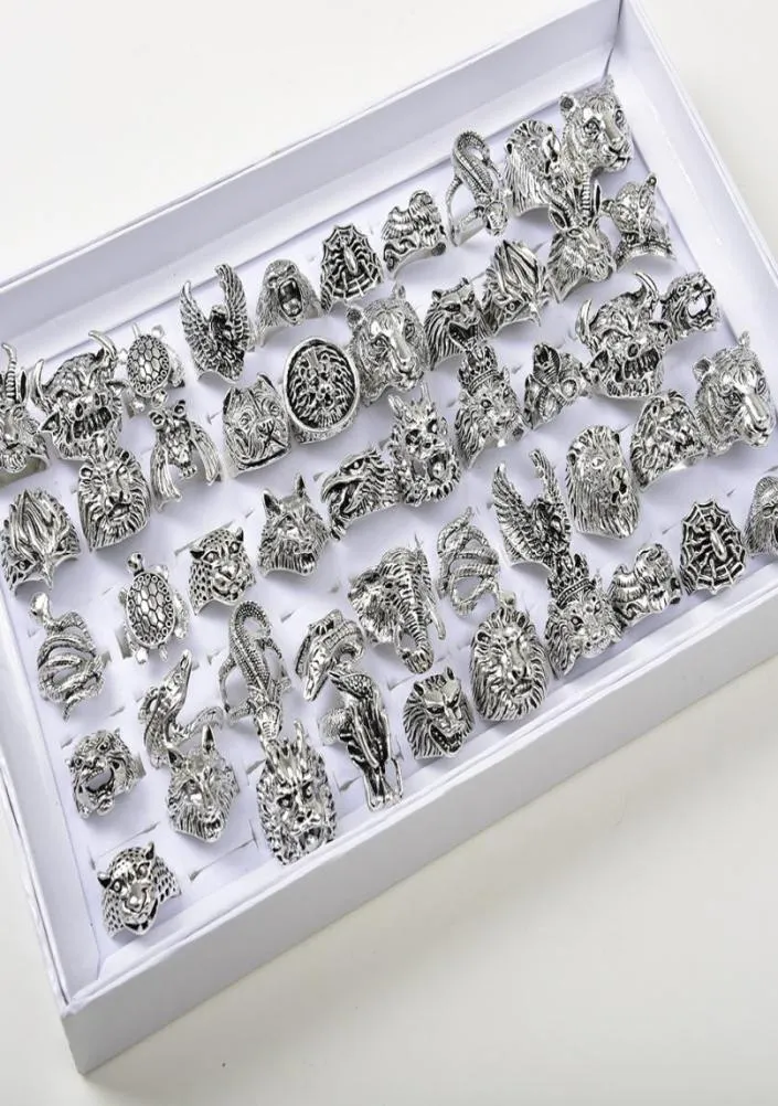 Entier 50pcsLots Vintage Punk Animal Mix Hibou Tigre Dragon Aigle Etc Style Antique Argent Personnalité Bijoux Anneaux Pour Hommes Wom8277866