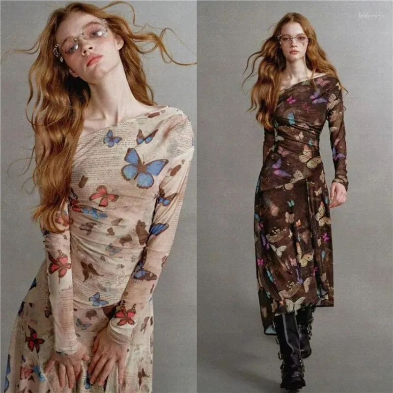 Lässige Kleider Frauenkleid Diagonalkragen Langarmes Schmetterling Druck Herbst Unregelmäßige Patchwork Draping Asymmetrisch