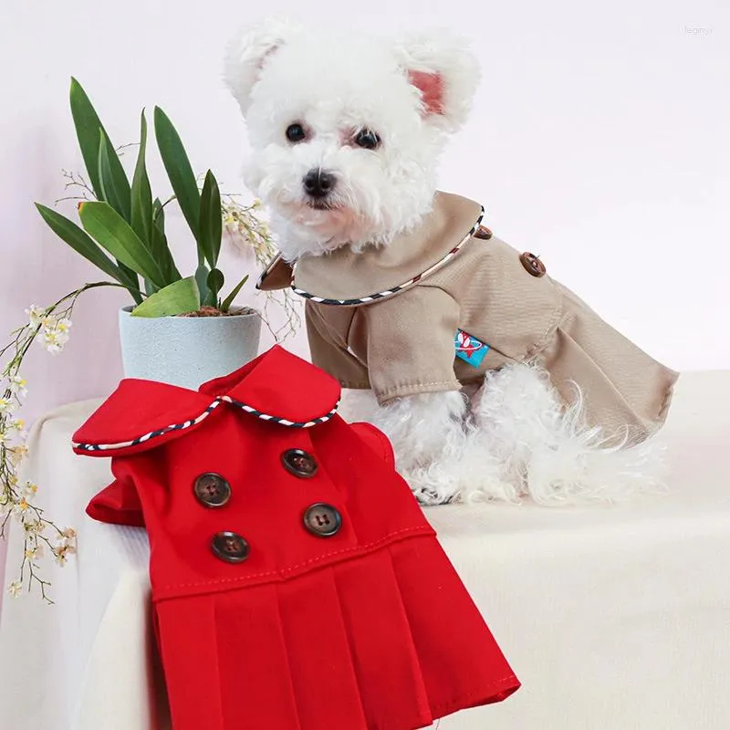 Vêtements pour chiens Pet Trench Coat Salopette Robe Couple Kaki Collier de poupée Chat Bow Jupe Costume Mignon Vêtements