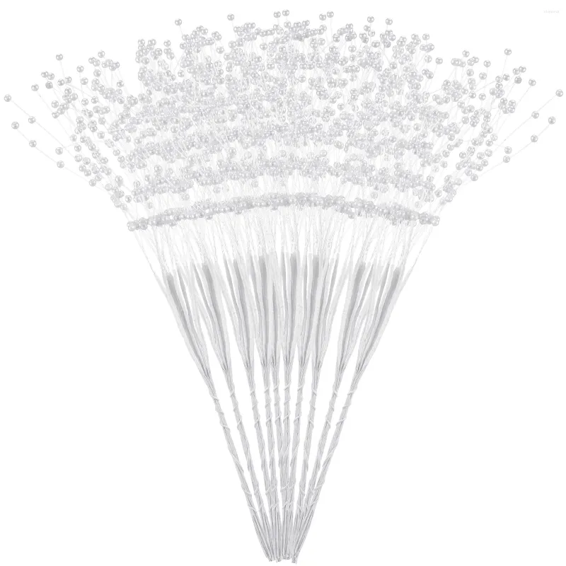 Fleurs décoratives 100 pièces fleur artificielle tige perlée perles gouttes Branches bâtons floraux pour mariage bricolage artisanat (blanc)