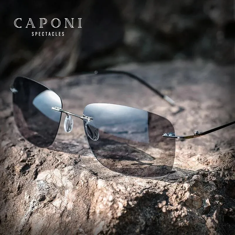 Sunglasses Caponi Square Sun Glasses for Men Photochromic Polarized Rimless Sunglasses Classic Design High Quality Eyewear Uv400 Bs7467