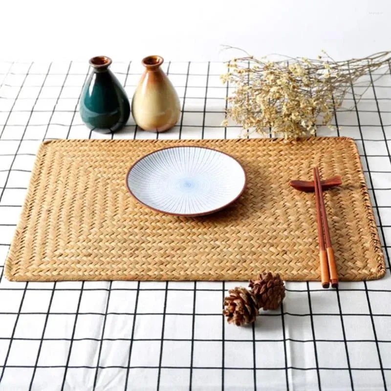 Table Mats Mat Rectangle Natural Straw Placemats Cup Handmade Coffee Bowl Plate Kitchen Accessories