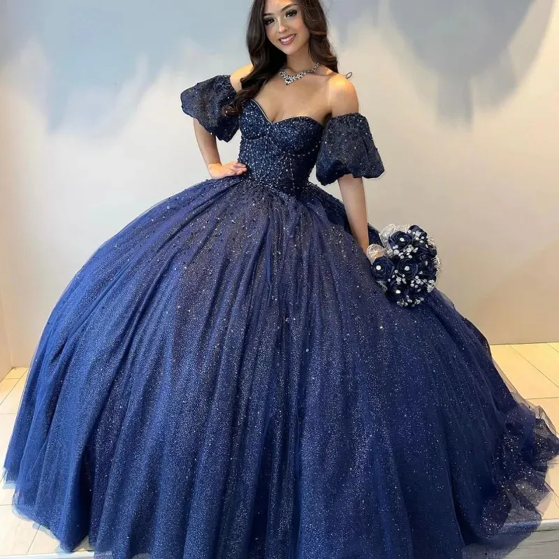 Navy Sequins Glitter Blue Ball Gown Quinceanera Dresses with Off Shoulder Short Puff Sleeves Beaded Sweetheart Neck Princess Prom Birthday Dress Vestido 15 Anos