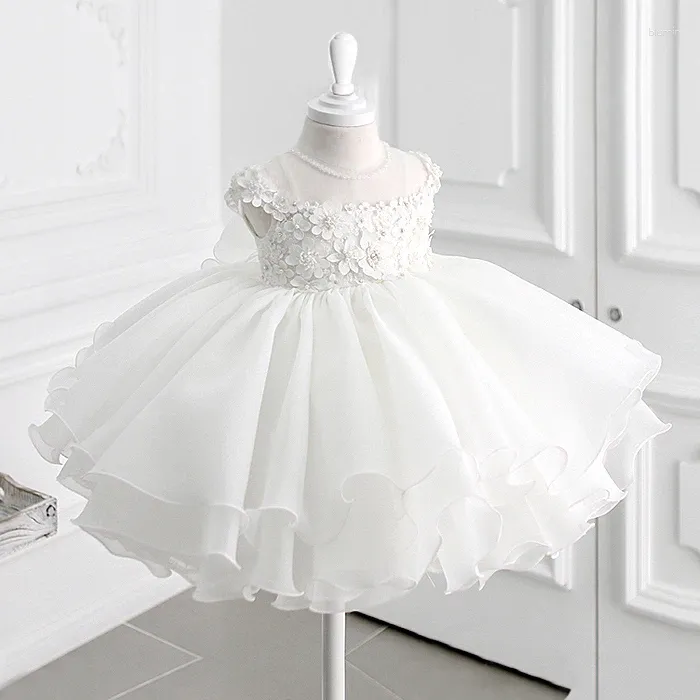 Robes de fille perles blanches robe de baptême de bébé appliques dentelle sainte communion enfant en bas âge fête d'anniversaire vêtements de mariage baptême infantile