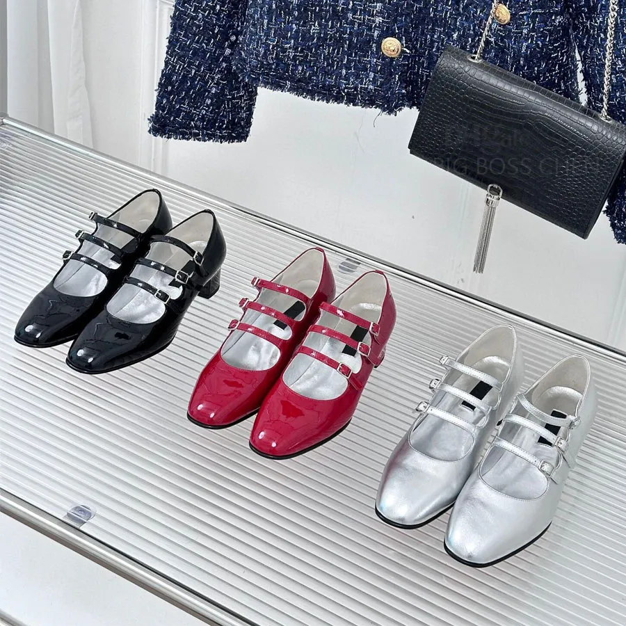 Toppkvalitet rund tå Mary Jane Chunky klackar pumpar skor med spänne patent läder klänning skor lyxiga designer skor middag bröllopskor med ruta 4cm