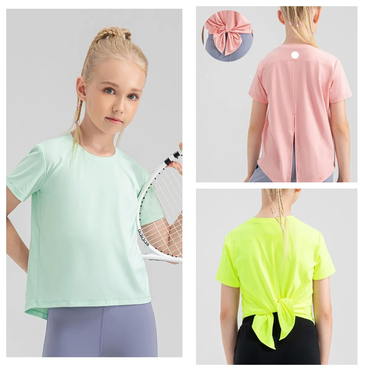 LU-1881 Girls Outfit Sports Breathable Slit Lacing Loose Casual Naked Yoga Shirts