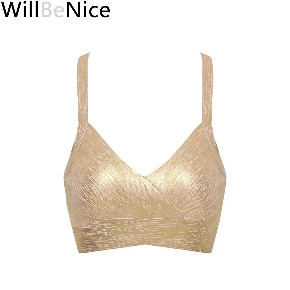 Camis WillBeNice 2019 Goud Zilver Folie Print V-hals Camis Korte Sexy Lady Crop Gebreide Bandage Top Kruisbandjes Bandage Tops Club Vest