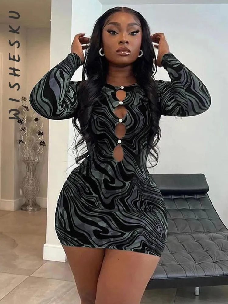 Leggings Sexig Swirl Print Mesh Cut Out BodyCon Mini Dress Women Långärmad avslappnad Slim Fit Robe 2022 Spring Fall Party Club kläder