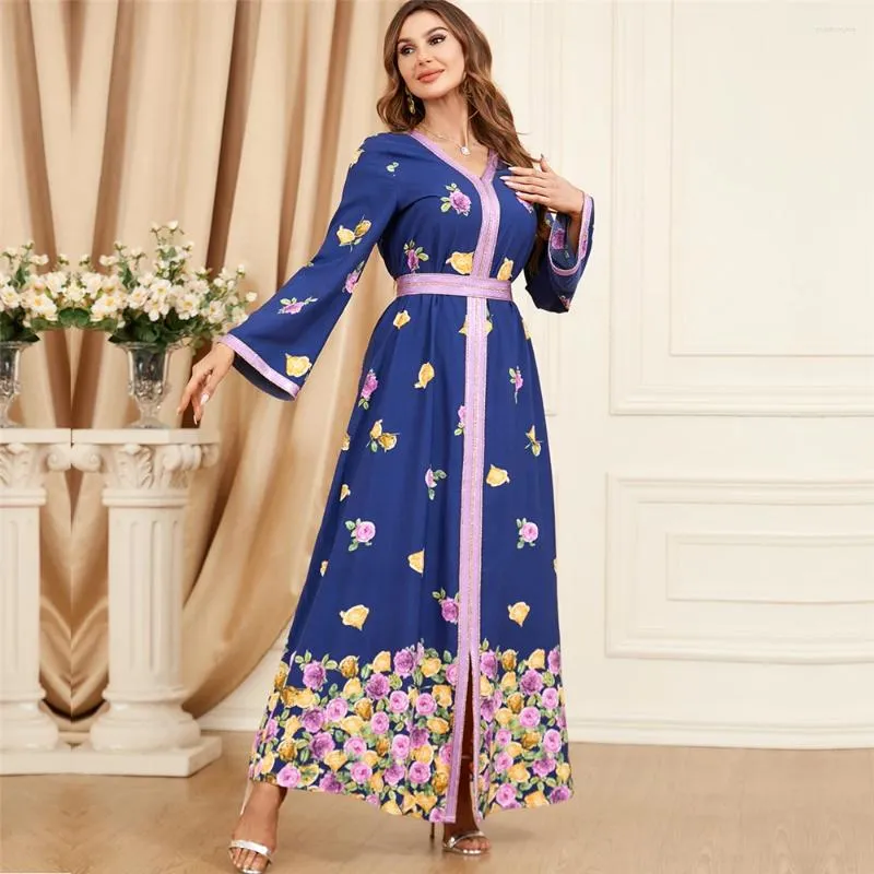 Roupas étnicas Eid Mubarak Evening Party Dress Mulheres Impresso Muçulmano Abaya Maxi Vestidos Longos Marrocos Kaftan Ramadan Árabe Islâmico 2024