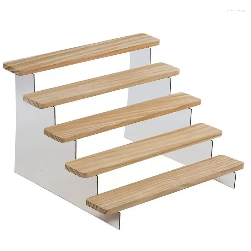 Placas decorativas transparente acrílico escada expositor rack de armazenamento de madeira maciça para cosméticos brinquedos modelo suculento e