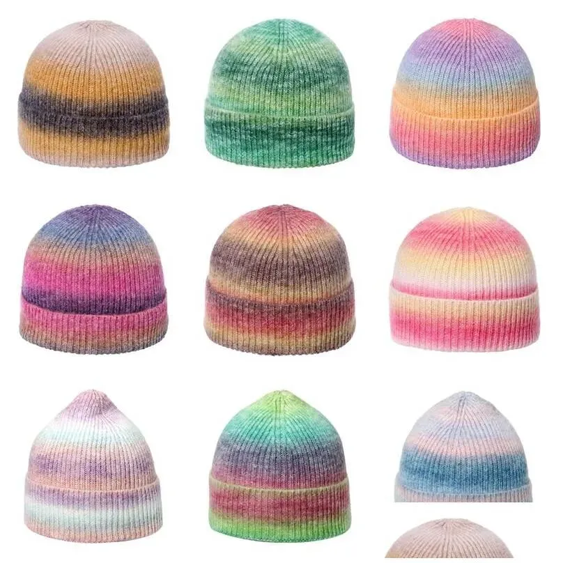 Molti colori Tie Dye Berretti lavorati a maglia Donna Autunno Inverno Cappello caldo e spesso Cappelli arcobaleno Cappello da esterno per ragazza LL