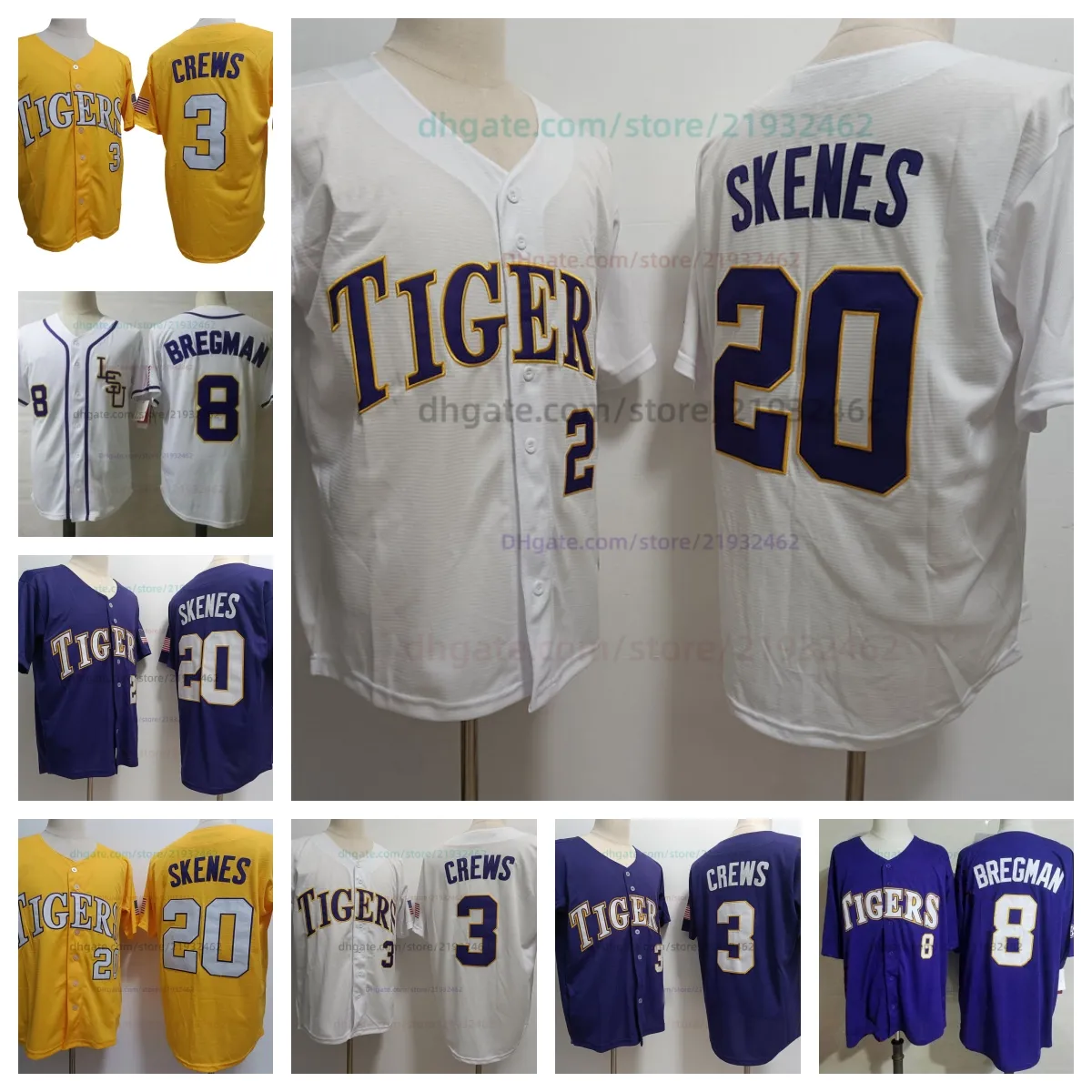 20 Paul Skenes 3 Dylan Crews 8 Alex Bregman Tigers College Baseball Jersey Ricama maglie da uomo