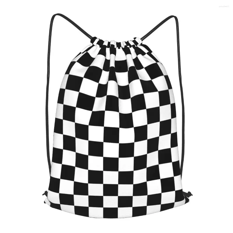 ショッピングバッグ黒と白の正方形の格子縞のドローストリングバックパック男性ジムトレーニングフィットネススポーツバッグの束ねたヨガの女性