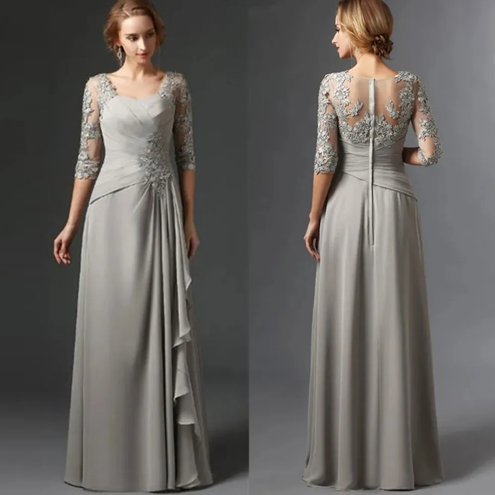 Silver Silver 2024 New Mother of the Bride Dresses A-line نصف الأكمام الطويلة الأنيقة العريس حفل زفاف