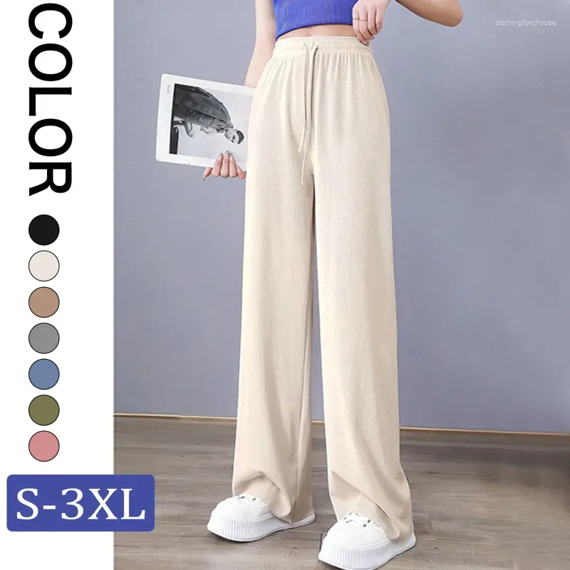 Kvinnor Pants Summer Ice Silk Wide Ben Women Lose Leggings High midje Mopping för Office Lady Casual Drawstring Long Byxor