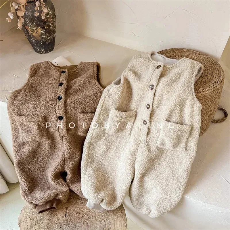 Coreano inverno bebê menino menina roupas crianças quente cordeiro macacão engrossar calças de lã quente calças crianças crianças macacão casual 240108