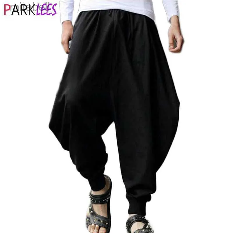 Mäns byxor Herr Black Baggy Drawstring Boho Aladdin Harem Pants Casual Cotton Wide Crotch Dance Yoga Alibaba Hippie Pants Byxor 5xl YQ240108