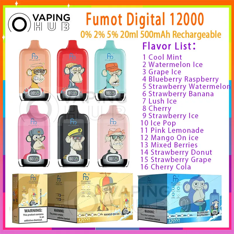 Originele Fumot Digital 12000 Bladerdeeg E-sigaretten Mesh Coil 20ml Voorgevulde Pod Rookwolken 12k 500mAh Batterij 16 Smaken 0% 2% 5% Niveau Wegwerp Vape Pen Kit