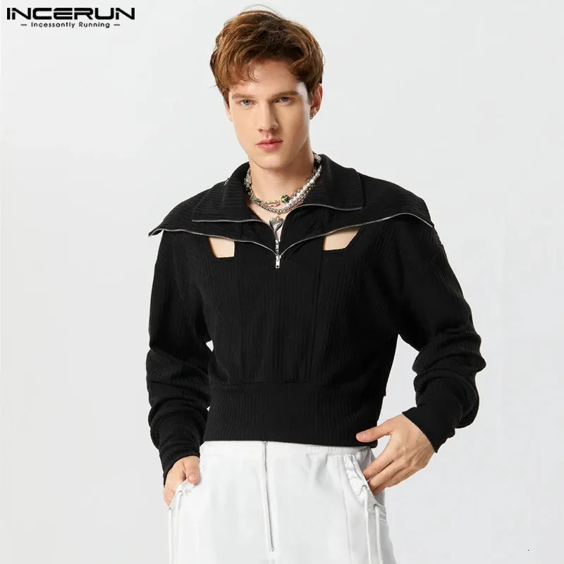 Incerun Men hoodies Solid Color Zipper Lapel Långärmhylsa uthålade manliga grödor tröjor Streetwear Casual Pullovers S-5XL 240108