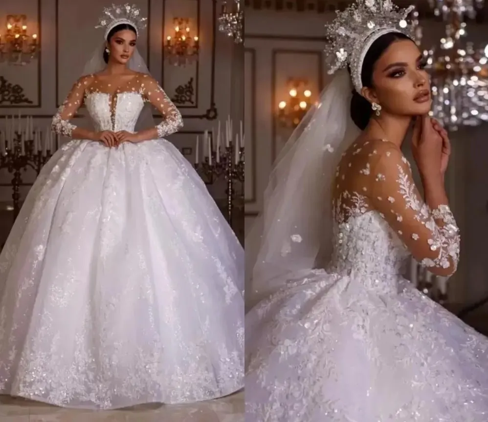 Robe de mariée de luxe avec perles, robe de mariée arabe, col transparent, fleurs, dentelle, paillettes, robes de mariée Aibye, 2024