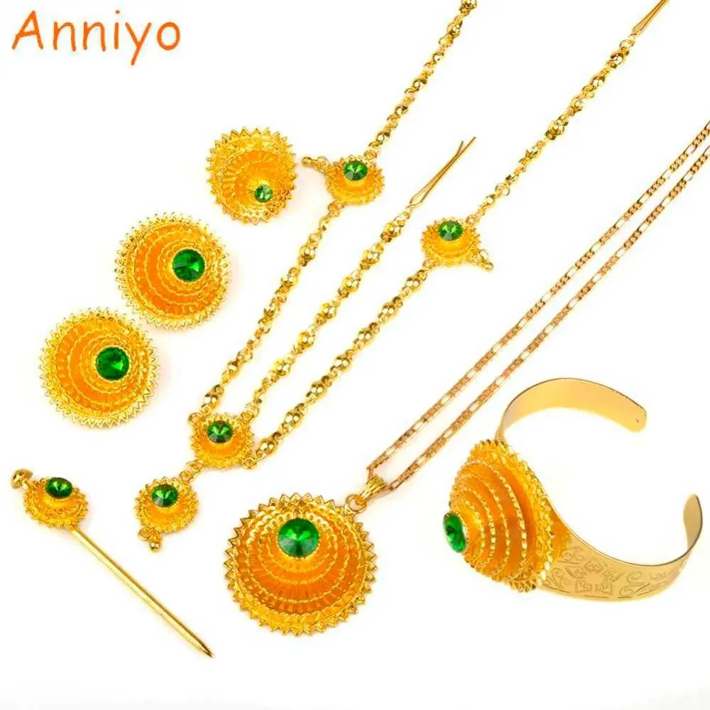 Necklace Anniyo Ethiopian Jewelry set Gold Color Green Stone With Hair Piece Hair Pin Women Fashion Eritrea Habesha African #002117 H1022
