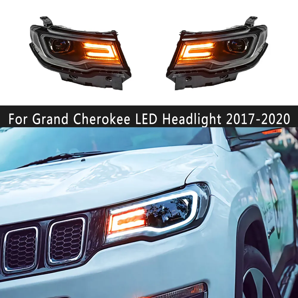 För Grand Cherokee LED-strålkastare 17-20 Biltillbehör Strålkastare DRL DAYTIME Running Light Dynamic Streamer Turn Signal Indicator