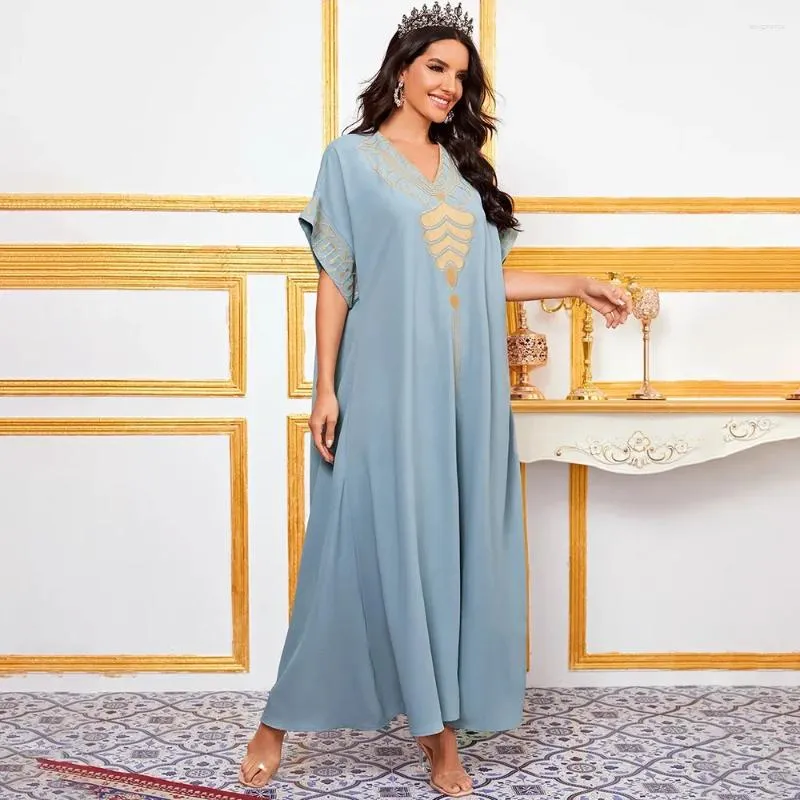 Ethnische Kleidung Lässige Abendparty Lange Kleider V-Ausschnitt Applikation Kurzarmkleid für Frauen Afrika Dubai Abayas Eleganter Sommer Muslim