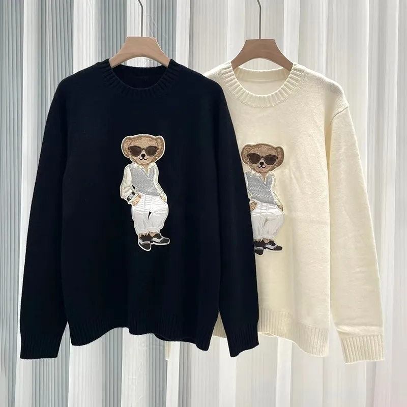 High quality bear sweater women's knitted floral fashion Mbroidery wool cotton top loose coat autumn Y2K clothing 240106