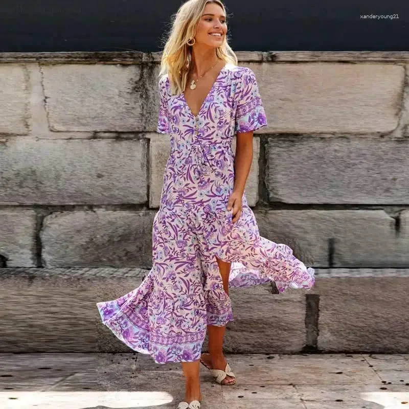 Abiti da festa BOHO INSPIRED Abito lungo floreale lilla con scollo a V Rayon viola Casual 2024 Primavera Estate per le donne Chic lungo