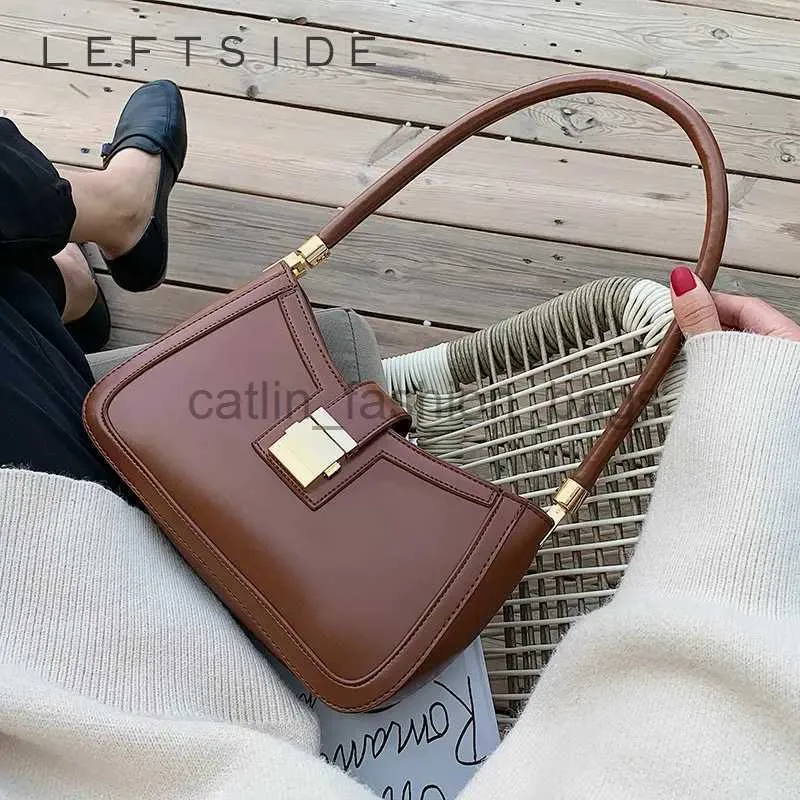 Bolsos de hombro LEFTSIDE para mujeres Color sólido PU Cuero 2023 Tendencia Lock Bolsos Pequeño Monedero Mano Lady Diseñador Cremallera Clutchcatlin_fashion_bags