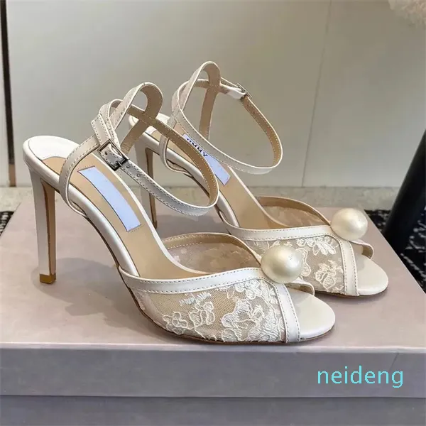 Designer - Mulheres sandálias sapatos pérolas contas de cristal salto alto tornozelo tiras festa vestido de casamento senhora EU35-43